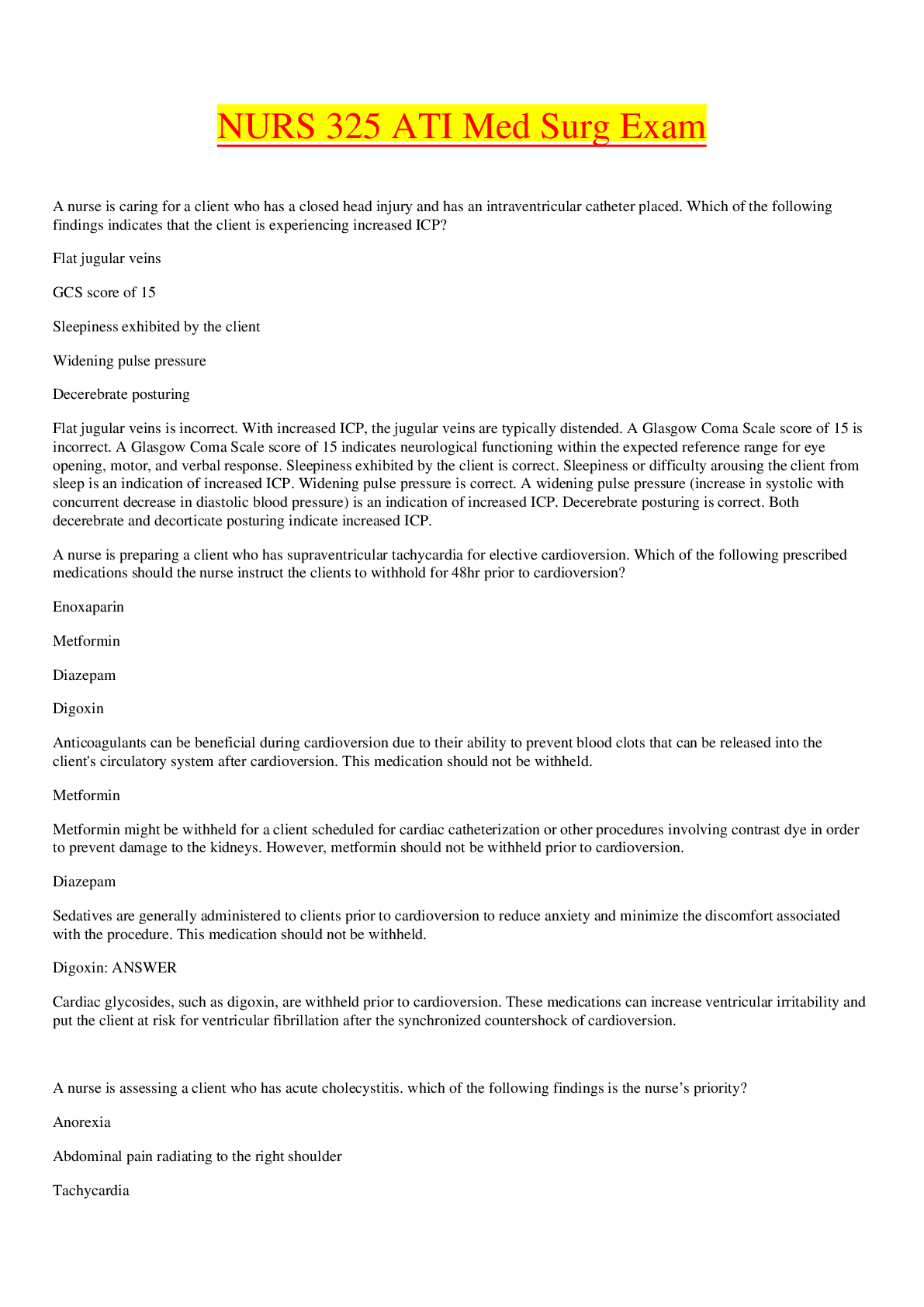 Preview image for NURS 325 ATI Med Surg Exam_2020 | NURS325 ATI Med Surg Exam_Graded A